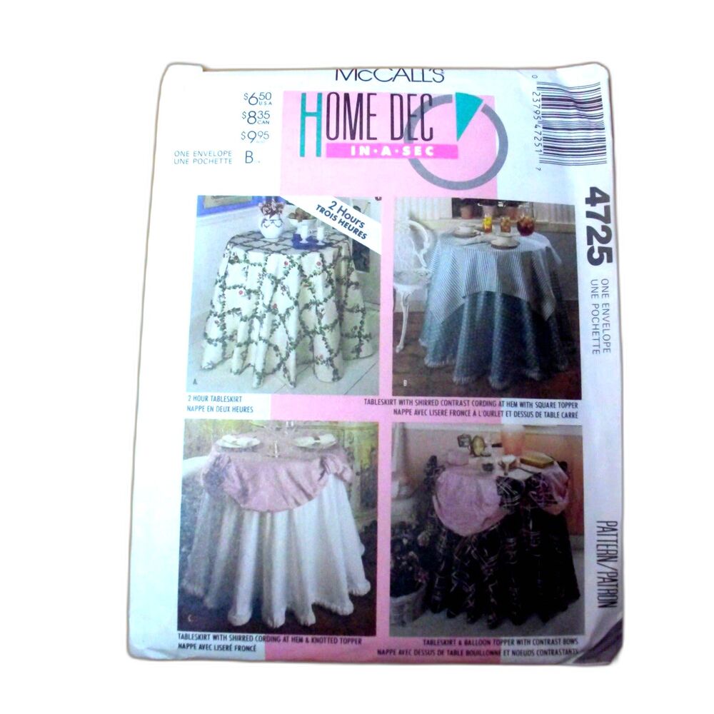 McCalls Home Dec In-A-Sec Table Skirts 4-Styles New